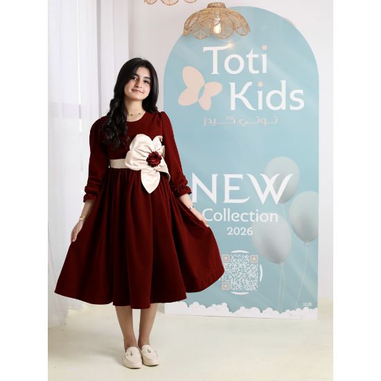 صورة فستان بناتي مخمل عنابي بفيونكة كبيرة | فستان شتوي فاخر - 1104